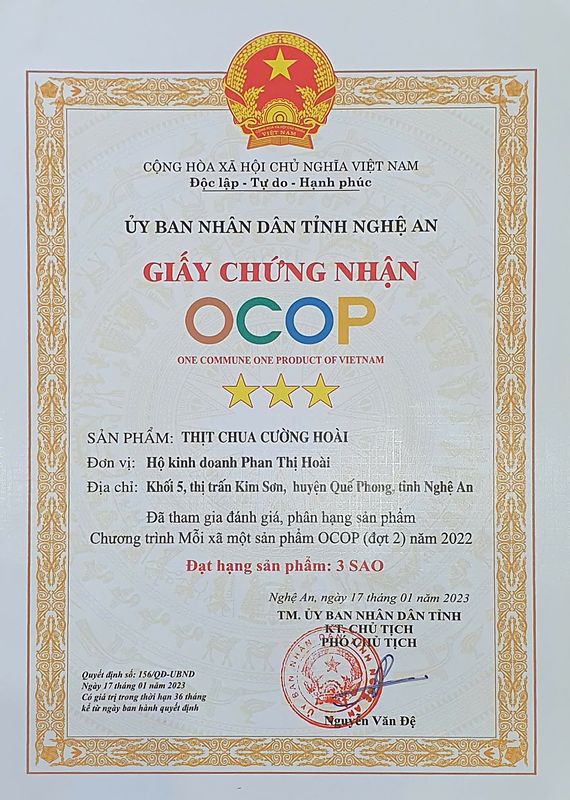 Giấy chứng nhận OCOP 3 sao Thịt chua Cường Hoài