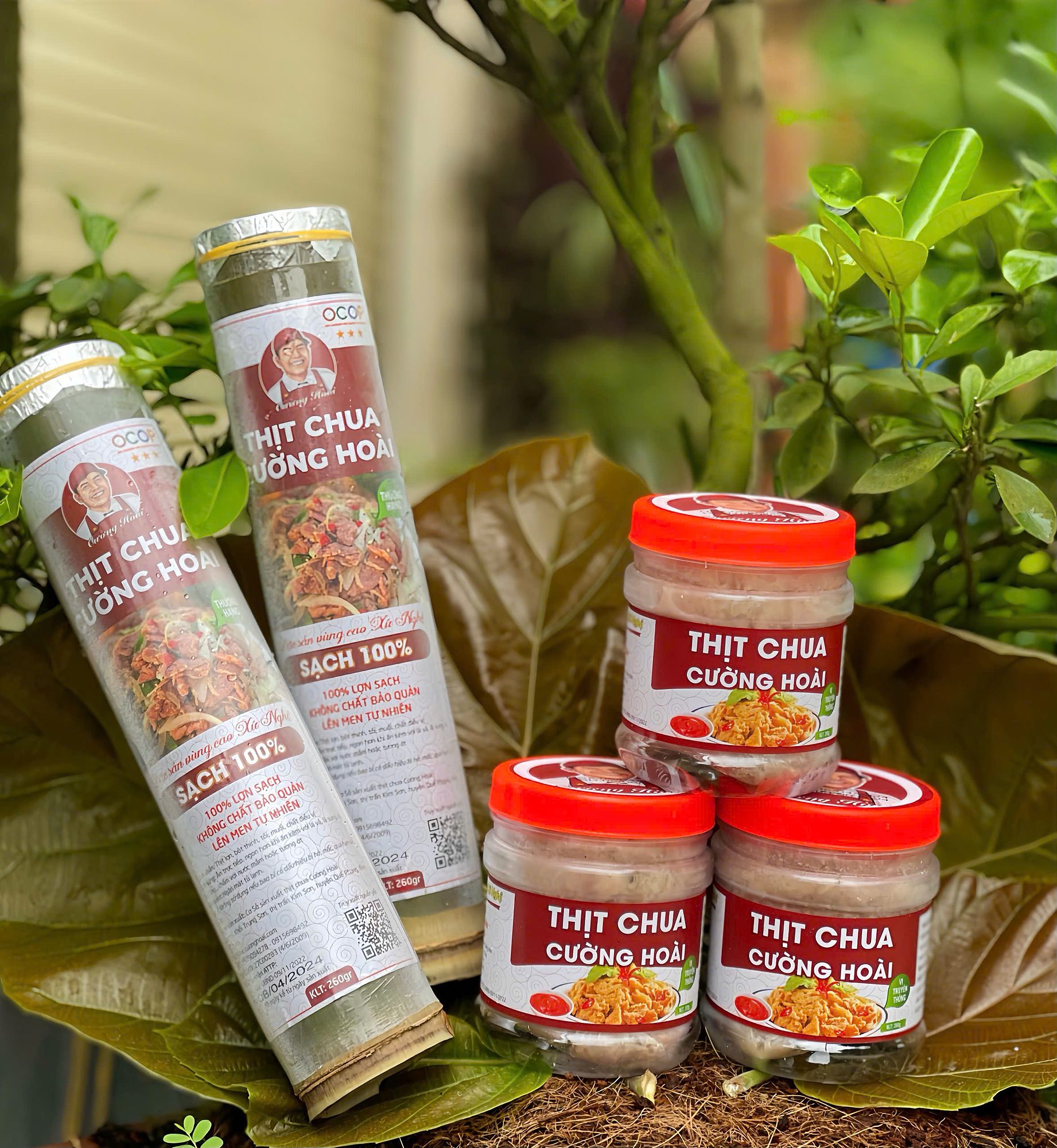Thịt chua Cường Hoài dạng ống và hũ 260g bên lá rừng